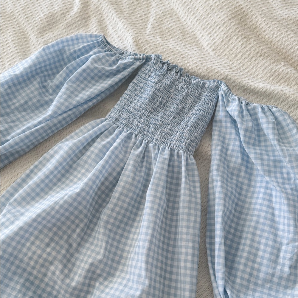Blue Gingham Off-Shoulder Midi Dress